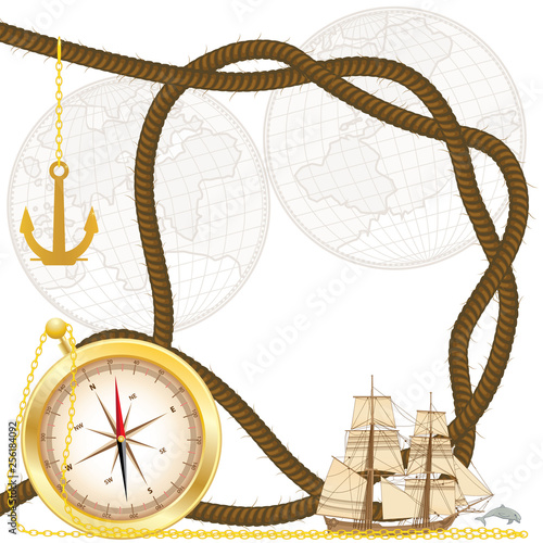 Canvas Print vector frame with tallship, compass, anchor, timber hitch and dolphin (EPS 10)