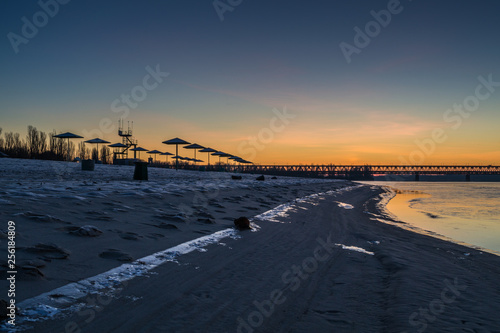 Early morning on the river coast. Morning on the beach.