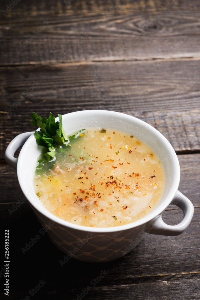 Fat meat soup with lamb based broth, chickpea and potatoes. Selective focus. Fat meat soup with lamb based broth, chickpea and potatoes. Selective focus.