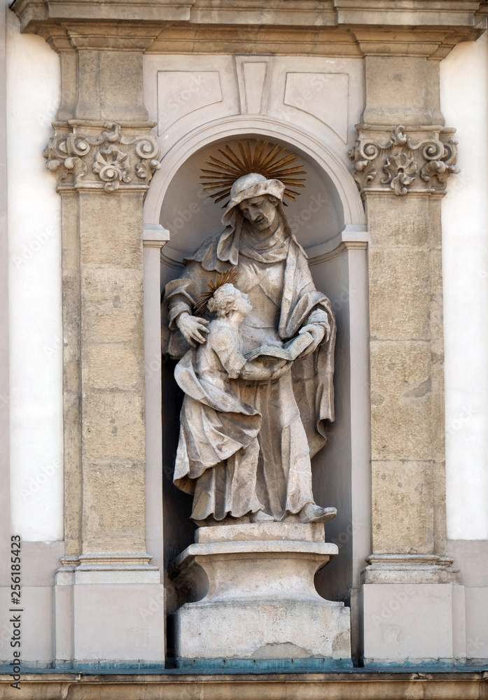 Saint Ann with Virgin Mary statue on the facade of the Saint Anne church in Budapest, Hungary