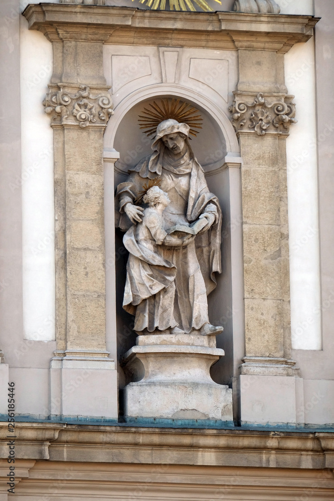 Saint Ann with Virgin Mary statue on the facade of the Saint Anne church in Budapest, Hungary