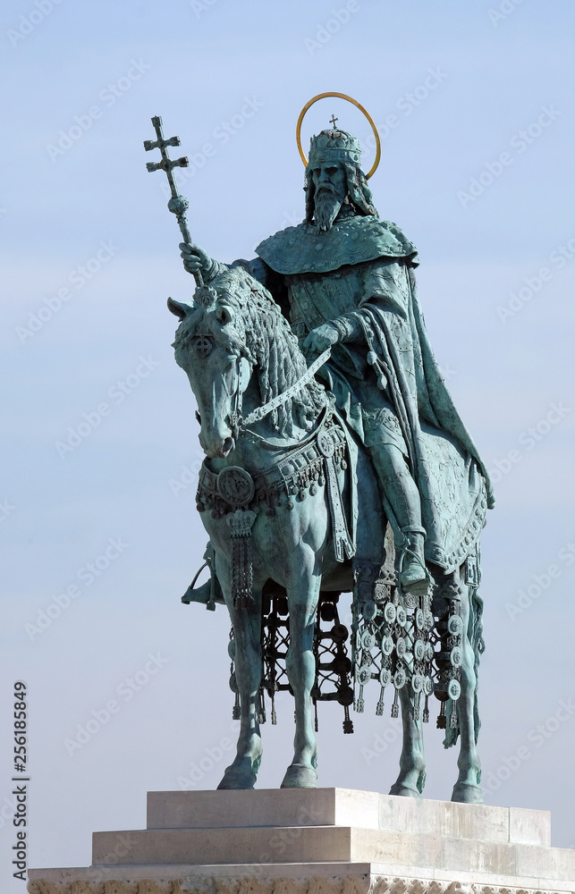 Equestrian statue of King Saint Stephen at the Fisherman Bastion on the Castle hill  in Budapest, Hungary