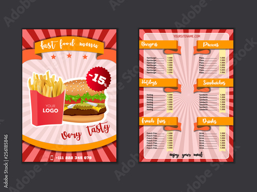 Fast food restaurant menu template. Lunch dishes and drinks list with prices and burger, pizza, hot dog, soda, fries, coffee, donut, sandwich for folding brochure design