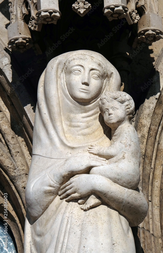 Virgin Mary with baby Jesus, statue from portal of the church of St. Matthew near the fisherman bastion in Budapest, Hungary