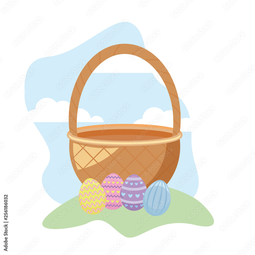 eggs of easter with basket wicker in grass eggs of easter with basket wicker in grass