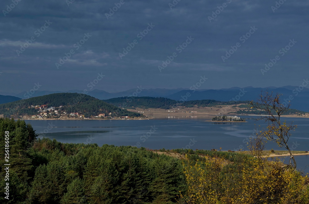 Batak dam with rest homes at the Rodopi mountain Bulgaria