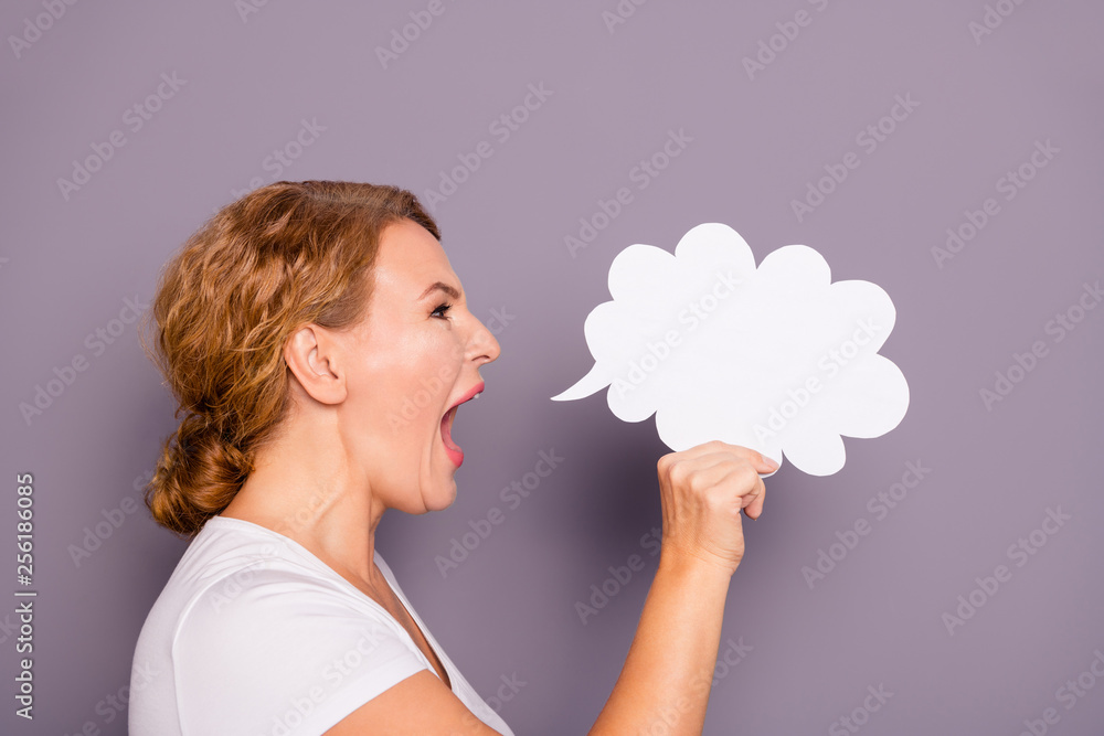 Close-up profile side view portrait of attractive mad angry wavy-haired lady in casual white t-shirt holding in hand cloud like mic isolated on gray violet purple pastel background