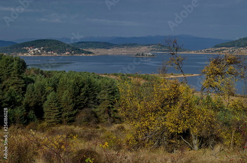 Batak dam with rest homes at the Rodopi mountain Bulgaria