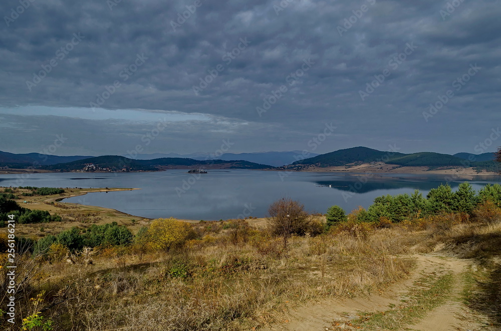 Batak dam with rest homes at the Rodopi mountain Bulgaria