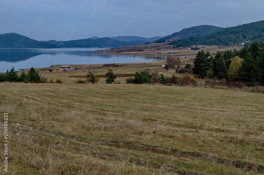 Batak dam with rest homes at the Rodopi mountain Bulgaria