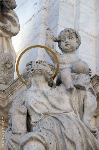 Statue of Saint Christopher, detail of Holy Trinity plague column in front of Matthias Church in Budapest, Hungary