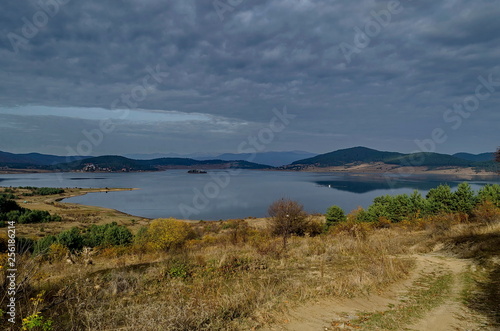 Batak dam with rest homes at the Rodopi mountain Bulgaria