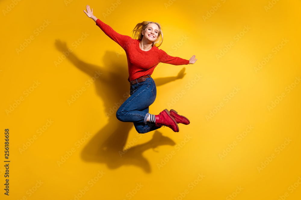 Full length body size view of her she nice attractive cool lovely cheerful cheery optimistic girl having fun free time isolated over bright vivid shine orange background - obrazy, fototapety, plakaty 