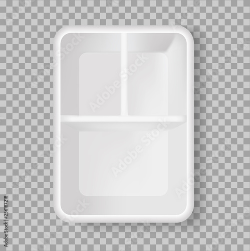 Vector realistic plastic Food Tray with three cells. 3d empty lunch box on transparent background. Vector template for design, presentation, advertising, promo. EPS 10. Top view.
