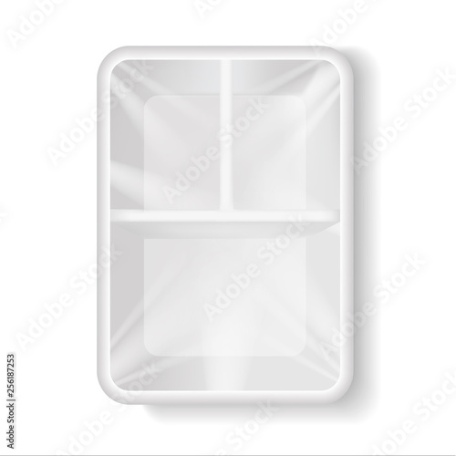 Vector realistic plastic Food Tray with three cells. 3d empty lunch box. Vector template for design, presentation, advertising, promo. EPS 10. Top view.