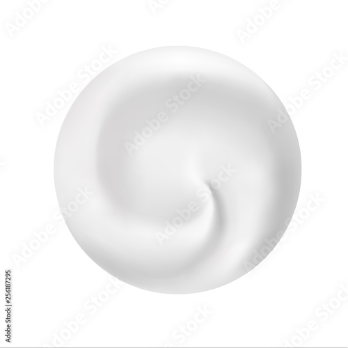 Vector realistic round swirl background. Yogurt, milk or dessert. White cosmetics cream Curl, whirlpool and vortex. Cream jar isolated on white. Top view. 3d. eps 10. 