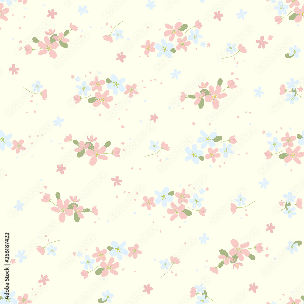Seamless floral pattern with small cute flowers on light beige background.  Spring light airy texture for Wallpaper, interior, tiles, textiles,  scrapbooking, packaging and various types of design. Stock Vector