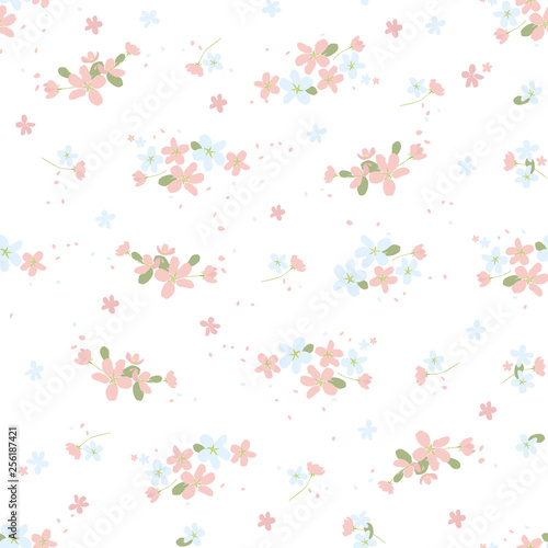 Seamless floral pattern with small cute flowers on white background. Spring light airy texture for Wallpaper, interior, tiles, textiles, scrapbooking, packaging and various types of design. vector.
