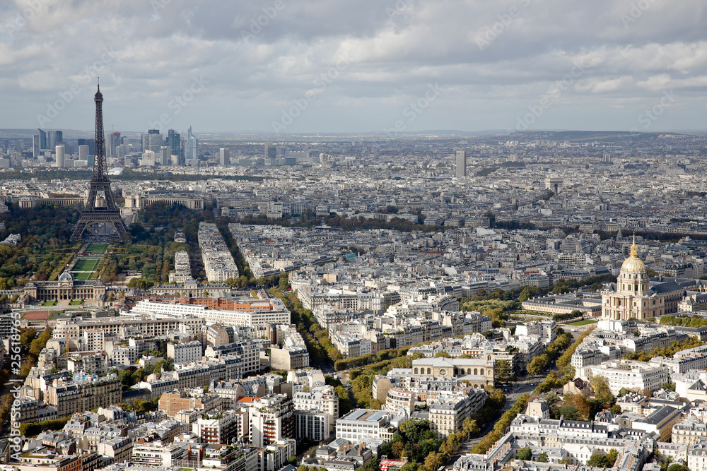 Aerial panoramic view of Paris skyline with Eiffel Tower