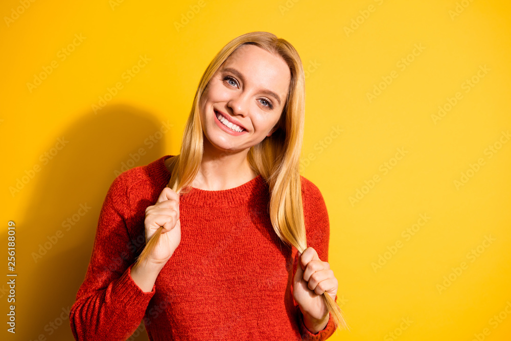Close-up portrait of her she nice-looking cute attractive sweet delicate tender lovable lovely cheerful cheery girl making ponytails pigtails isolated over bright vivid shine orange background Close-up portrait of her she nice-looking cute attractive sweet delicate tender lovable lovely cheerful cheery girl making ponytails pigtails isolated over bright vivid shine orange background