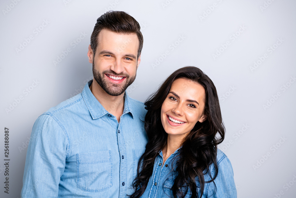 Close up portrait two cool beautiful amazing she her he him his couple lady guy friends stand close smiling camera wear casual jeans denim shirts outfit clothes isolated light grey background Close up portrait two cool beautiful amazing she her he him his couple lady guy friends stand close smiling camera wear casual jeans denim shirts outfit clothes isolated light grey background