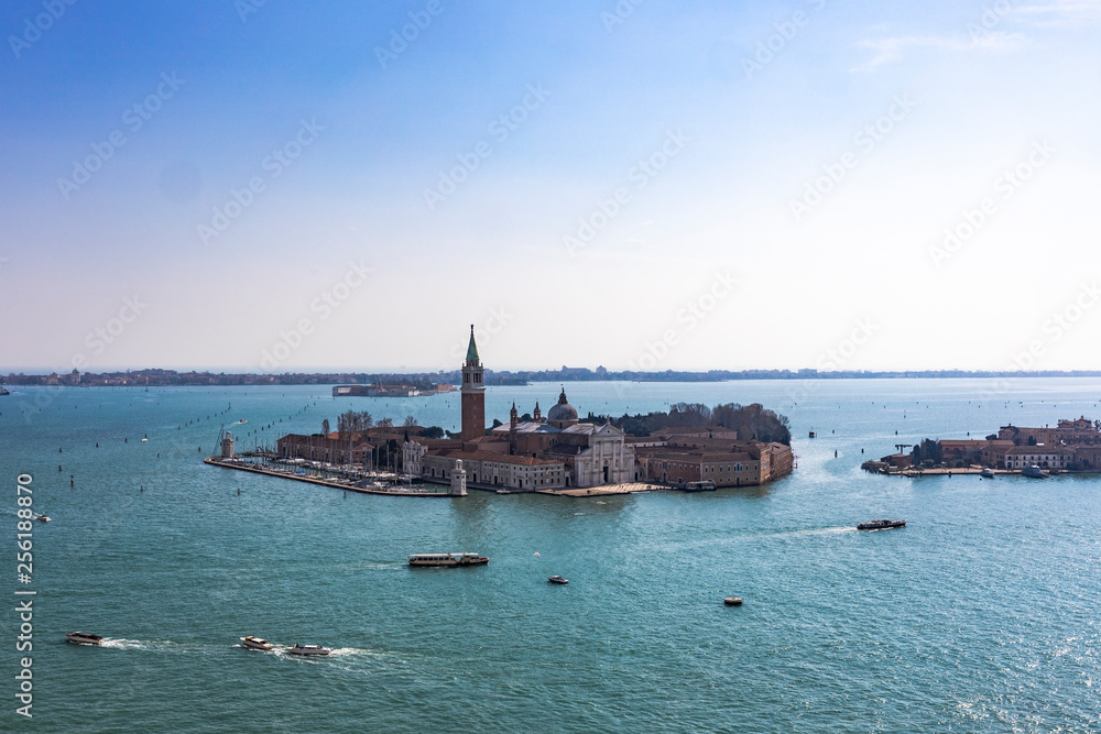 Aerial view of San Giorgio Magiore island, Venice from the bell tower