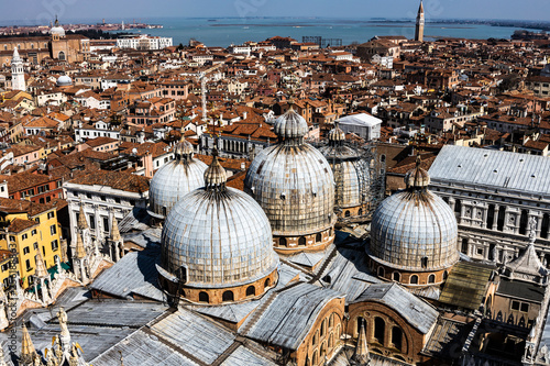 Panoramic aerial view of Venice with St. Mark's cathedral domes from San Marco Campanile, Veneto, Italy