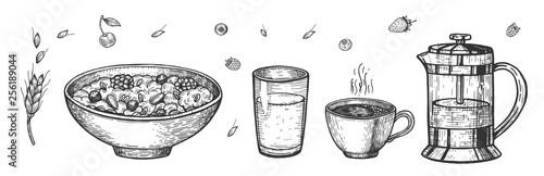 Collection of natural food, drinks for breakfast