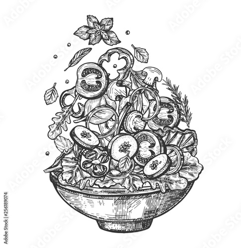 Vertical flying healthy salad ingredients in dish