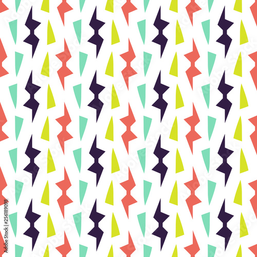 Bright seamless pattern with colorful alternating acute geometric elements.