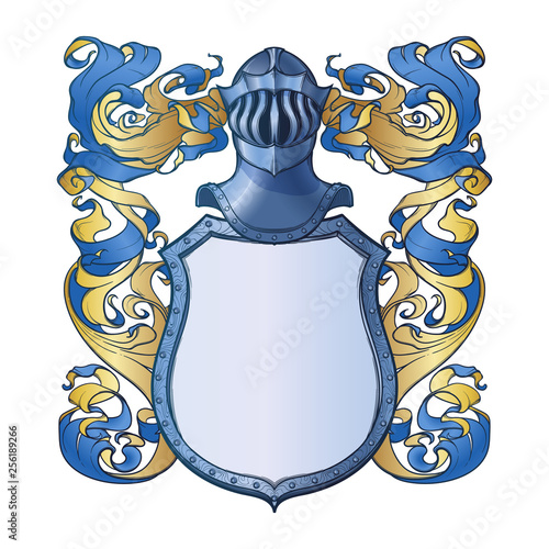 Traditional European coat of arms template. Shield, helmet and mantling. Element for design coat of arms, logo, emblem and tattoo. Color linear drawing isolated on white background. EPS10 vector