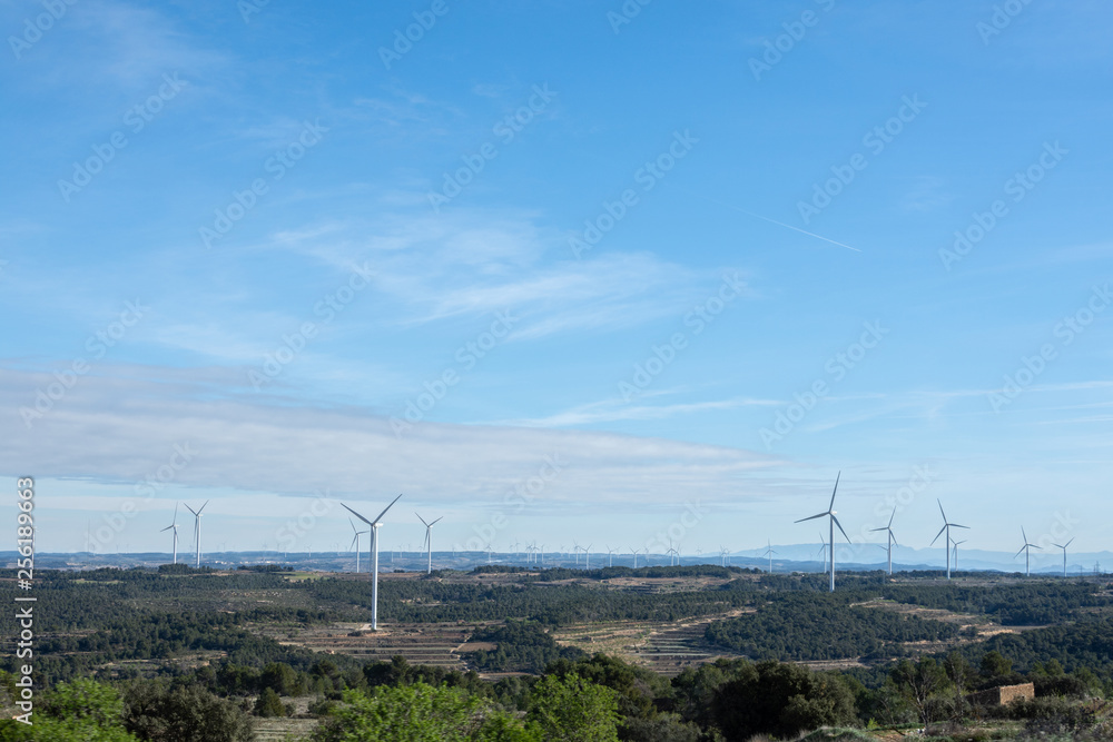 Full view of landscape with windmills