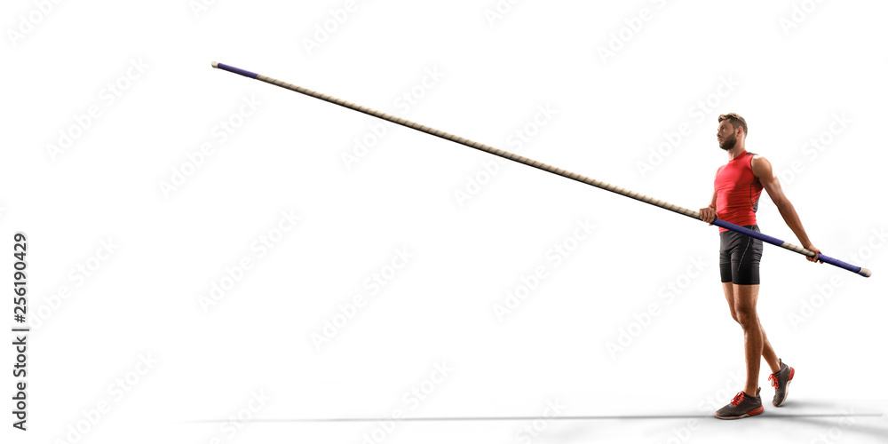 Fototapeta premium Isolated Young male pole vault athlete with pole bar. Men in sport clothes on white background