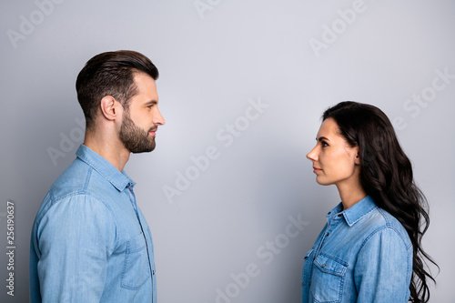 Profile side view photo of confident inspired isolated person people having talk speaking dialogue thoughts isolated on silver background wearing denim casual beautiful outfit