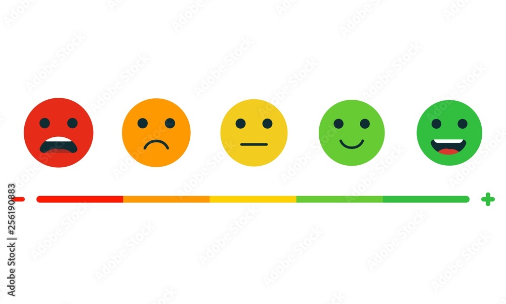 Set of emotion rating feedback. Rating satisfaction. User experience feedback. Different mood smiley emoticons - excellent, good, normal, bad, awful. Concept from positive to negative. Set of emotion rating feedback. Rating satisfaction. User experience feedback. Different mood smiley emoticons - excellent, good, normal, bad, awful. Concept from positive to negative.