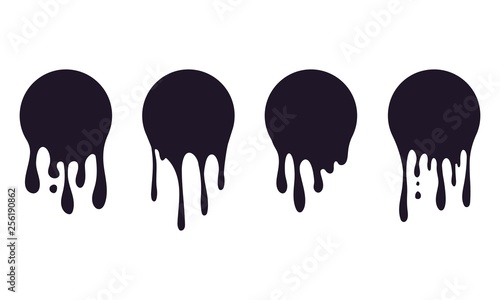 Set of dripping circle paint. Paint drip stickers or circle labels. Ink drop splash. Black drippings sauces current round spots, ink paint leak or liquid chocolate, caramel. Melted circle logo.