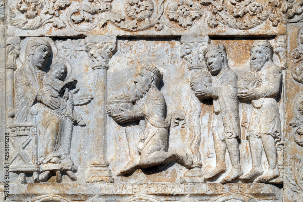 Birth of Jesus, Adoration of the Magi, medieval relief on the facade of Basilica of San Zeno in Verona, Italy