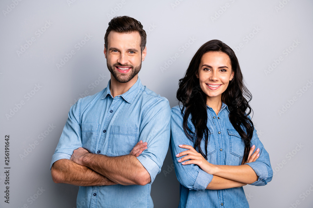 Portrait of charming charismatic freelancers entrepreneurs ready to solve business work problems take decisions. Wearing blue denim jackets isolated on ashy-gray background - obrazy, fototapety, plakaty 