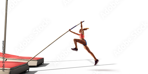 Isolated Young female pole vault athlete with pole bar in starting line. Women in sport clothes on white background