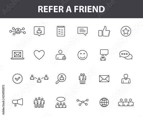 Set of 24 Refer a friend web icons in line style. Referral program, marketing, invite friends. Vector illustration.