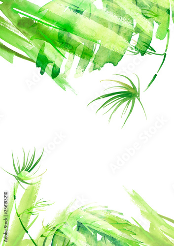 Fototapeta Naklejka Na Ścianę i Meble -  Watercolor Branches, green leaves, fern, palm,liana mint, bamboo. With a place for writing. abstract background, pattern, postcard, card, label. green spot, splash of paint, blot, divorce, color.