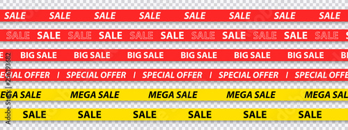 Big sale, discount, mega sale, special offer, red and yellow tapes isolated on transparent background. Vector illustration.