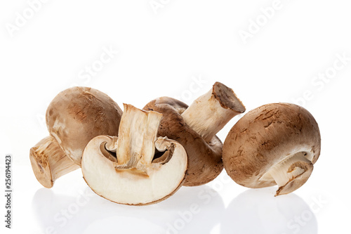 Fresh raw champignon mushrooms isolated on white background.