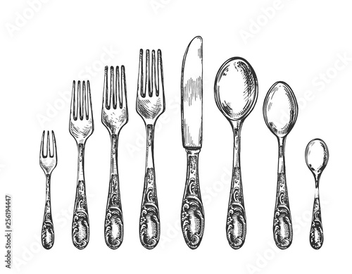 Fototapeta Vintage art nouveau sketch spoon, fork, knife