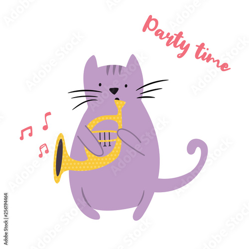 Funny cat playing horn. Vector illustration