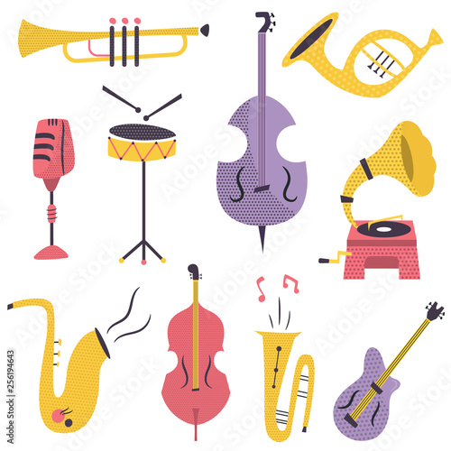 Big set of different musical instruments and devices