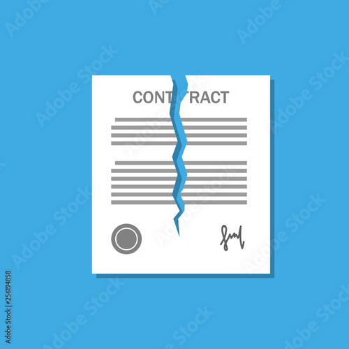 Terminated contract on the blue background with red stamp. Cool flat design torn paper. Vector illustration.