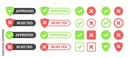 Approved and rejected set. Approved or Certified icon. Green approval sign vector with check mark. Vector illustration.
