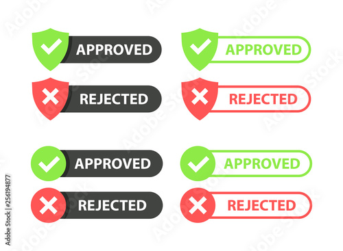 Approved and rejected set. Approved or Certified icon. Green approval sign vector with check mark. Vector illustration.