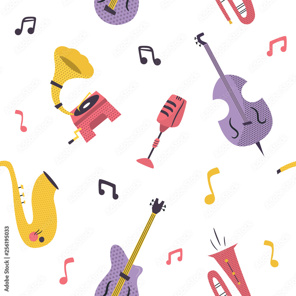 Seamless pattern with musical instruments, devices Seamless pattern with musical instruments, devices